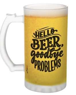 Frosted Glass Beer Mug, Hello Beer Goodbye Problems Funny Printed Beer Glass with Handle – Best Gift for Beer Lovers