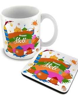 Happy Holi Printed Combo Gift Pack of Ceramic Coffee Mug 330 ml Printed Coaster